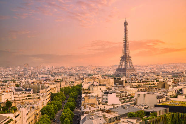 Orange Sunset Eiffel Tower stock photo