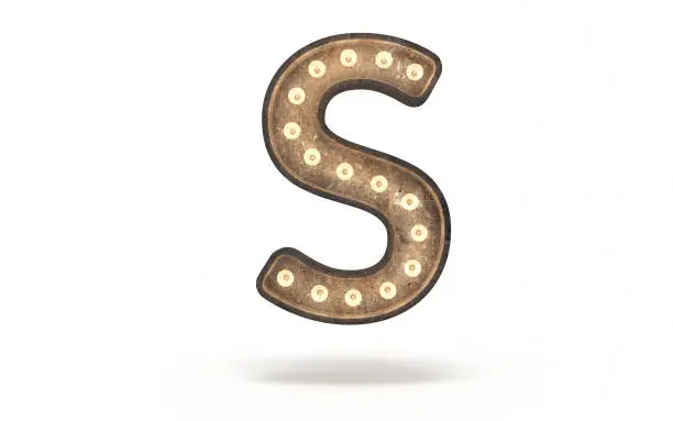 3d render Letter S decorated with light bulb covered with concrete (isolated on white and clipping path)