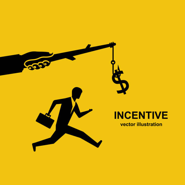 Incentive concept. Business metaphor.Vector flat. Incentive concept. Business metaphor. Personnel management leadership. Motivate people. Big hand holds gold coin on stick, businessman running for bait. Vector illustration flat design. Attract earn. fishing bait stock illustrations