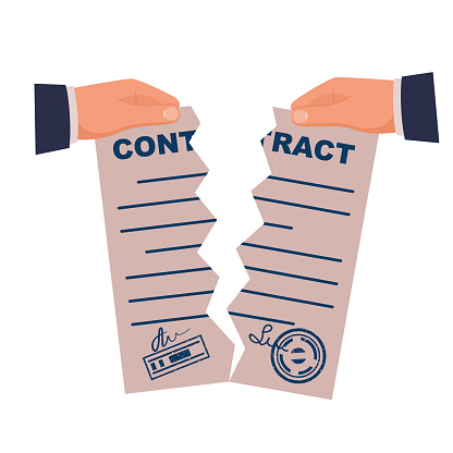 Terminated contract. Businessman tearing contract hands. Vector illustration flat design. Isolated on background. Concept of disagreement. Business documents. End deal.