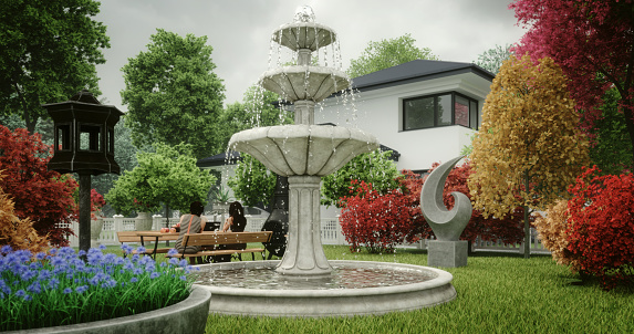 Digitally generated backyard scene with a large stone fountain and lots of garden decorations surrounded by deciduous trees.\n\nThe scene was created in Autodesk® 3ds Max 2022 with V-Ray 5 and rendered with photorealistic shaders and lighting in Chaos® Vantage with some post-production added.