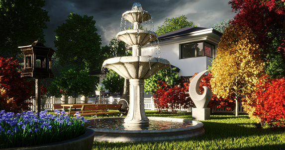 Digitally generated back yard scene with a large stone fountain and lots of garden decorations surrounded by deciduous trees.\n\nThe scene was created in Autodesk® 3ds Max 2022 with V-Ray 5 and rendered with photorealistic shaders and lighting in Chaos® Vantage with some post-production added.