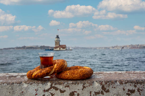 istock Maiden tower (Kiz Kulesi) and Turkish bagel and Turkish tea 1360701721