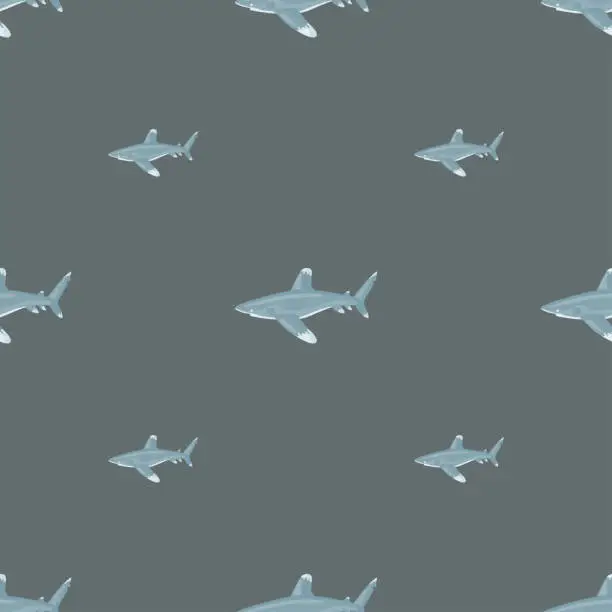 Vector illustration of Oceanic whitetip shark seamless pattern in scandinavian style. Marine animals background. Vector illustration for children funny textile.