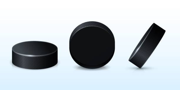 Hockey black puck. Rubberized circle for winter ice skating Hockey black puck. Rubberized circle for winter ice skating with stick attribute for professional and amateur vector matches rubberized stock illustrations