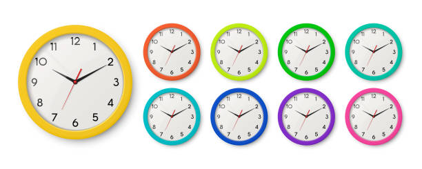 Vector 3d Realistic Color Wall Office Clock Icon Set Isolated. Different Colors. White Dial. Design Template of Wall Clock Closeup. Mock-up for Branding, Advertise. Top, Front View Vector 3d Realistic Color Wall Office Clock Icon Set Isolated. Different Colors. White Dial. Design Template of Wall Clock Closeup. Mock-up for Branding, Advertise. Top, Front View. alarm clock illustrations stock illustrations