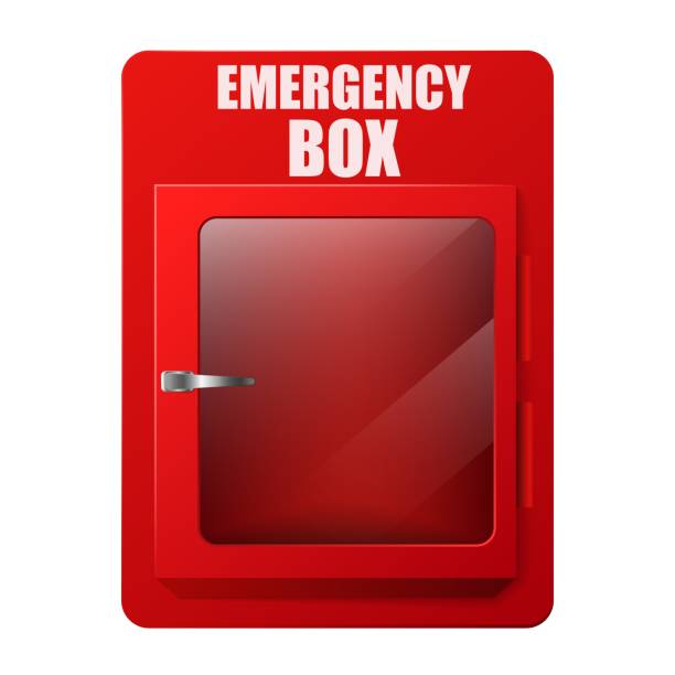 Red emergency box template. Storage for rescue equipment Red emergency box template. Storage for rescue equipment and emergency alarm first aid hazard warning and vector evacuation signal. emergency sign stock illustrations