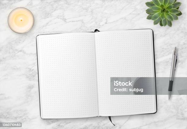Marble Table Top With Bullet Journal Stock Photo - Download Image Now - Bullet Journal, Open, Bullet