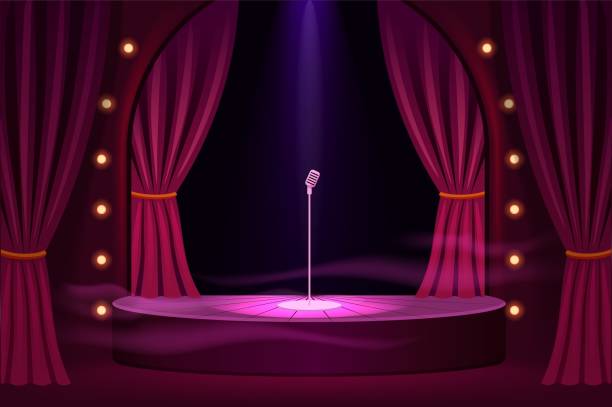 Stage for performances with microphone template Stage for performances with microphone template. Podium show in trendy club with velvet curtains and stage lights vintage presentation in vector theater curtain call stock illustrations
