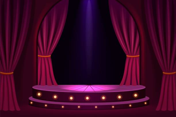 Illuminated stage in concert hall template Illuminated stage in concert hall template. Festive show in trendy club with velvet curtains and platform lights vintage presentation in vector theater curtain call stock illustrations