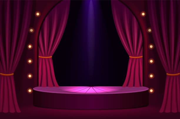 Stage podium in concert hall template Stage podium in concert hall template. Festive show in trendy club with velvet curtains and stage lights vintage presentation in vector theater curtain call stock illustrations
