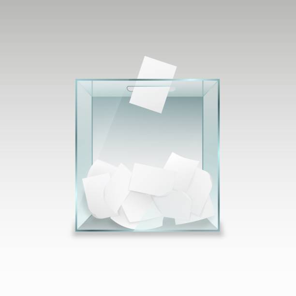 Ballot box with voting forms. Transparent glass container with pieces of paper political referendum Ballot box with voting forms. Transparent glass container with pieces of paper political referendum and test poll democratic campaign of choosing political vector candidates voting box stock illustrations