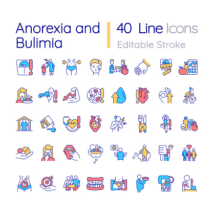 Anorexia and bulimia RGB color icons set. Eating disorders. Psychological nervosa. Isolated vector illustrations. Simple filled line drawings collection. Editable stroke. Quicksand-Light font used