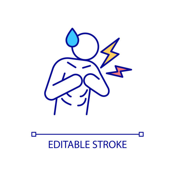 Sudden chest pain RGB color icon Sudden chest pain RGB color icon. Sick person. Heart attack risk. Severe health problems. Isolated vector illustration. Simple filled line drawing. Editable stroke. Arial font used malnourished stock illustrations