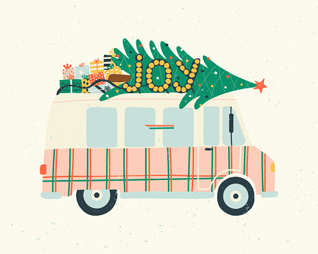 Greeting Postcard with retro car with a Christmas tree and gifts. Christmas truck with signboard lettering joy. Hand drawn vector illustration.