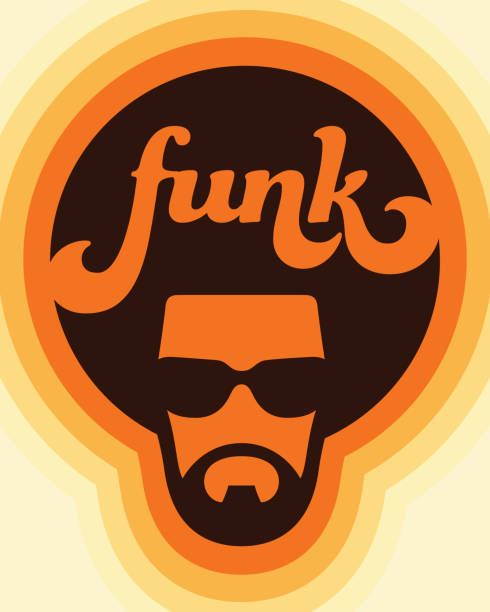 illustrazioni stock, clip art, cartoni animati e icone di tendenza di funk colorato design musicale di lettering personalizzato con illustrazione di soul man cool. - funky