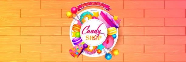 Vector illustration of Set of confectionery products on an abstract colored striped background. Creative concept of pastry shop in cartoon style. Festive vector illustration in EPS 10 format.