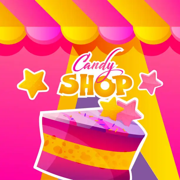 Vector illustration of Set of confectionery products on an abstract colored striped background. Creative concept of pastry shop in cartoon style. Festive vector illustration in EPS 10 format.