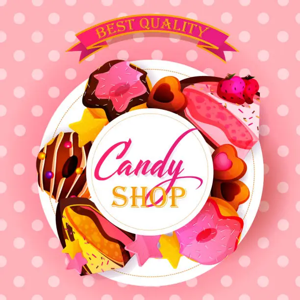 Vector illustration of Set of confectionery products on an abstract colored striped background. Creative concept of pastry shop in cartoon style. Festive vector illustration in EPS 10 format.