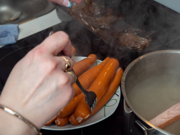 Freshly boiled sausages. Sausages close-up