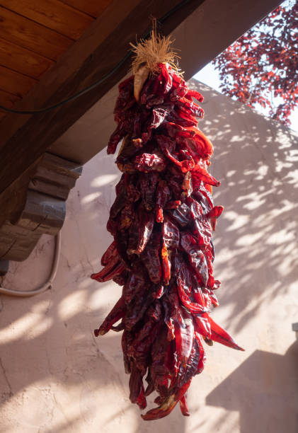 istock Low Angle View of a Red Chile Ristra with an Tree with Red Leaves in the Background 1360736463