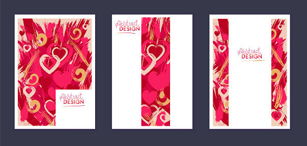Set of vector templates. Valentine's day. Hand drawn abstract heart, shapes, scribbles, spirales. Stains and spots of paint. It can be used as poster, book, notebook or magazine cover, brochure, booklet, annual report, flyer