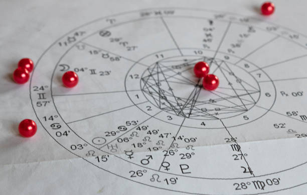 istock Printed astrology natal chart with red pearls in the background 1360738234