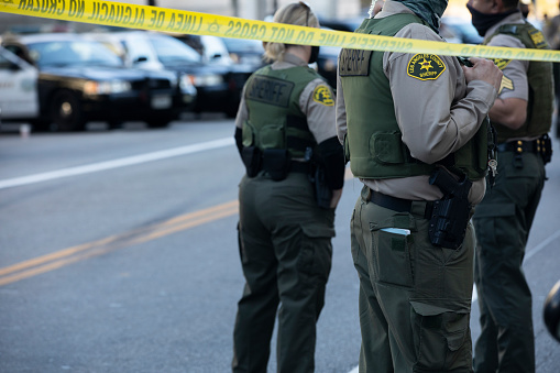 Los Angeles, California, USA - January 20, 2021: Los Angeles County Sheriff officers respond to an incident.