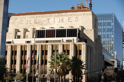 Los Angeles, California, USA - January 20, 2021: Morning light shines on the headquarters of the Los Angeles Times.