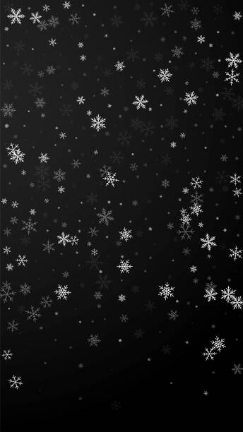 Sparse snowfall Christmas background. Subtle flyin Sparse snowfall Christmas background. Subtle flying snow flakes and stars on black background. Amusing winter silver snowflake overlay template. Splendid vertical illustration. watching snow fall stock illustrations