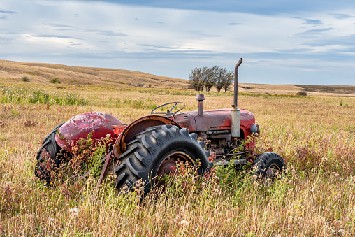 Vintage red tractor abandoned in tall grass on the prairies in Saskatchewan