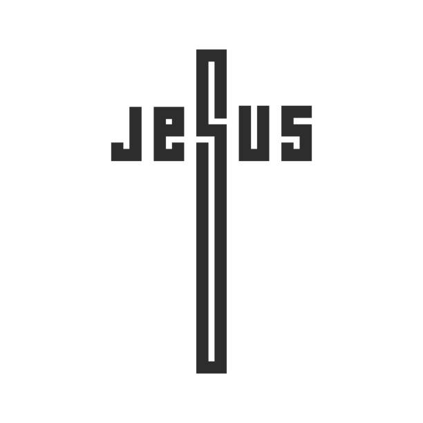 ilustrações, clipart, desenhos animados e ícones de jesus. emblema criativo. texto estilizado na forma de um crucifixo. ilustração cristã isolada plana - typescript baptismal font alphabet isolated