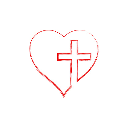 Christian cross sign in the heart inside. Continuous line drawing. Flat isolated Christian vector illustration, biblical background.