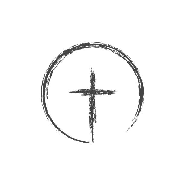 Simple pencil drawing of a cross in a circle. Flat isolated Christian illustration Simple pencil drawing of a cross in a circle. Flat isolated Christian vector illustration, biblical background. crucifix illustrations stock illustrations