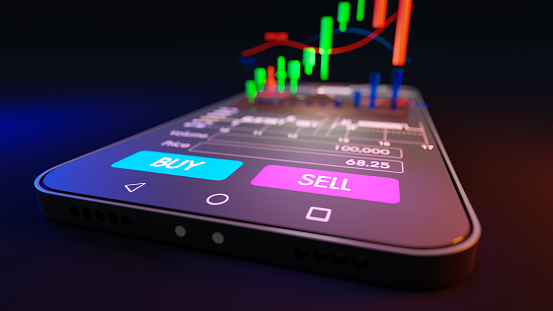 mobile trading, Stock Signal, Buy Signal, Sell Signal, Mobile foreign exchange trading - 3d render illustrator