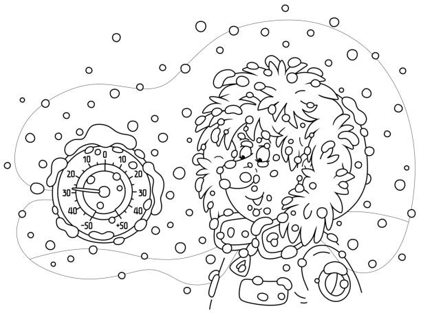 Window thermometer on a frosty day Funny boy in a warm jacket with a hood looking at a round measurer in cold and snowy winter weather, black and white vector cartoon illustration for a coloring book page frozen coloring pages stock illustrations