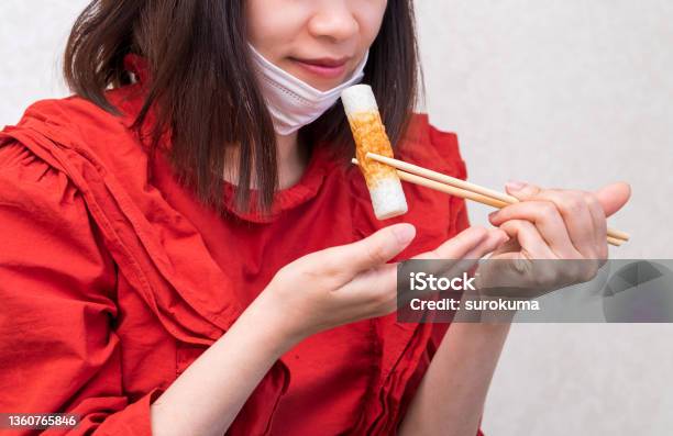 Young Woman Eating With Mask New Normal In Covi19 Stock Photo - Download Image Now