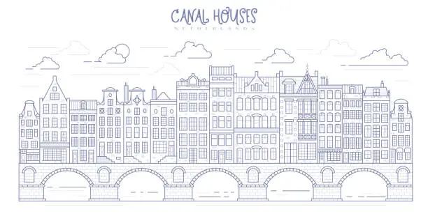 Vector illustration of Amsterdam old style houses. Typical Dutch canal homes lined up near a canal in the Netherlands. Building and facades on bridge. Vector outline illustration.