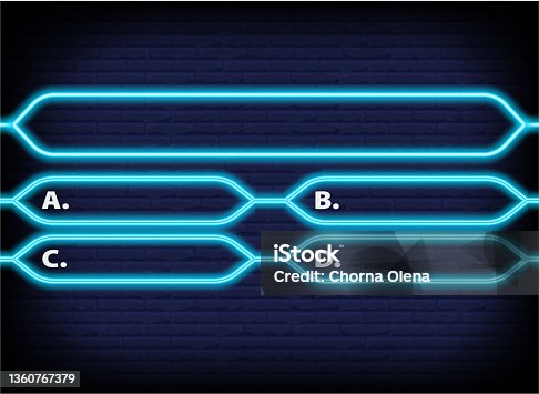 istock Neon quiz game template. Four options answers for knowledge exam in school, tv show. Vector Illustration 10 eps 1360767379