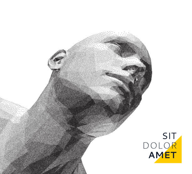 Men looking up. Abstract man head made from dots. Facial recognition. 3D vector illustration.