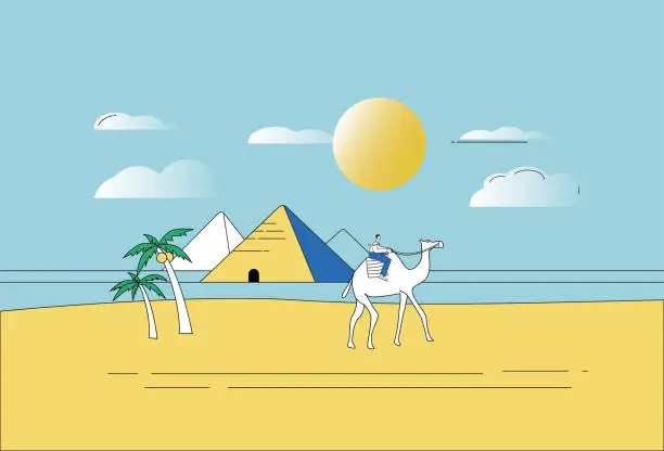 Vector illustration of White-collar men ride a camel to travel the pyramids.
