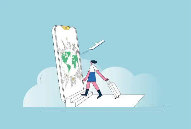 Vector illustration of Female white-collar workers walked into the mobile phone to travel the world.