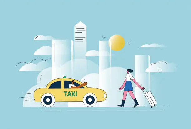 Vector illustration of Woman traveling with suitcase calling for taxi.