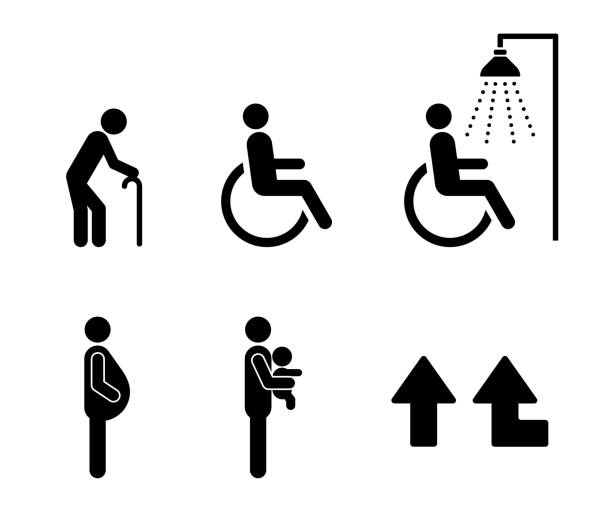 набор общедоступных значков, таких как отключенный и приоритетный - silhouette interface icons wheelchair icon set stock illustrations
