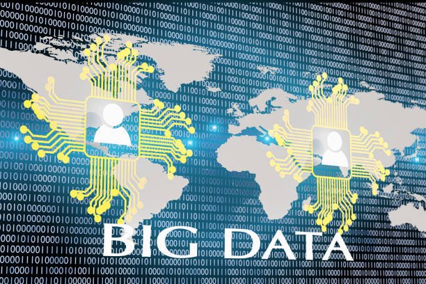 3-D rendered illustration of computer chips, men and world map icons with big data internet connectivity concepts. Grey biinary numbers on dark blue background.