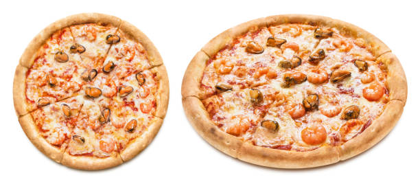 istock Delicious pizza with seafood on white 1360782287