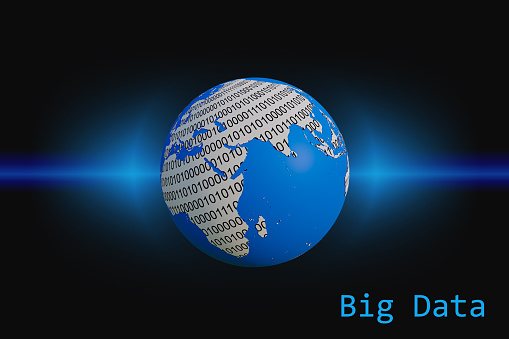 3d rendered illustration of stylized planet earth with big data text and binary numbers as texture on the continents. Big data internet technology concepts.  Map furnished by NASA.