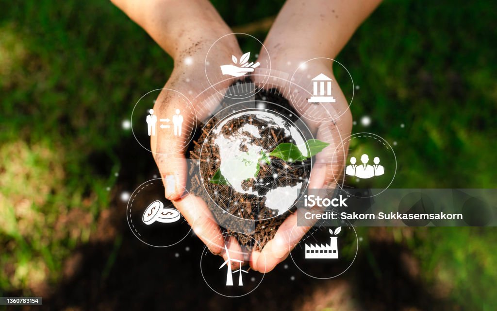 ESG icon concept circulating in the hands of young women for Environment, Society and Governance SG ESG Forest Conservation Concept Environmental, Social and Governance Concepts Sustainable Resources Stock Photo