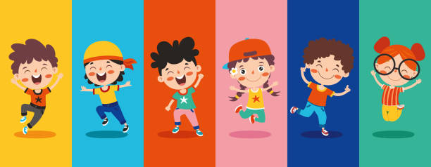 ilustrações de stock, clip art, desenhos animados e ícones de group of cartoon children playing - rainbow preschooler baby child