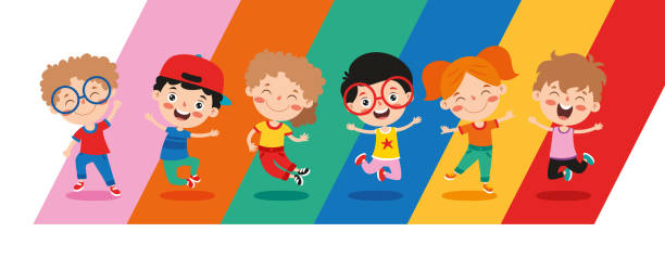 группа мультяшных детей играет - rainbow preschooler baby child stock illustrations